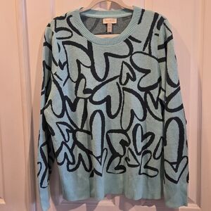 New Any Body Heart Sweater Aqua Green Geometric Large Hearts Cottage Core Beach